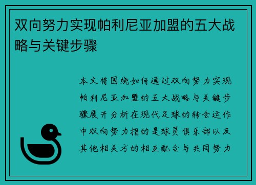 双向努力实现帕利尼亚加盟的五大战略与关键步骤